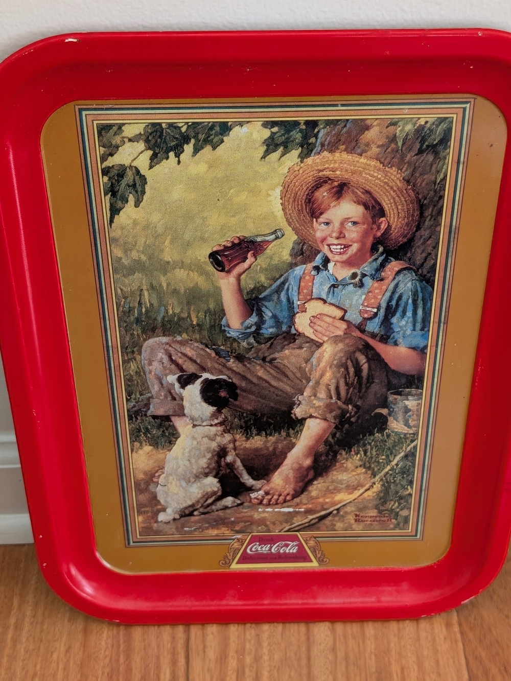 Coca Cola Red and Gold Tray Featuring Boy with Dog Illustration